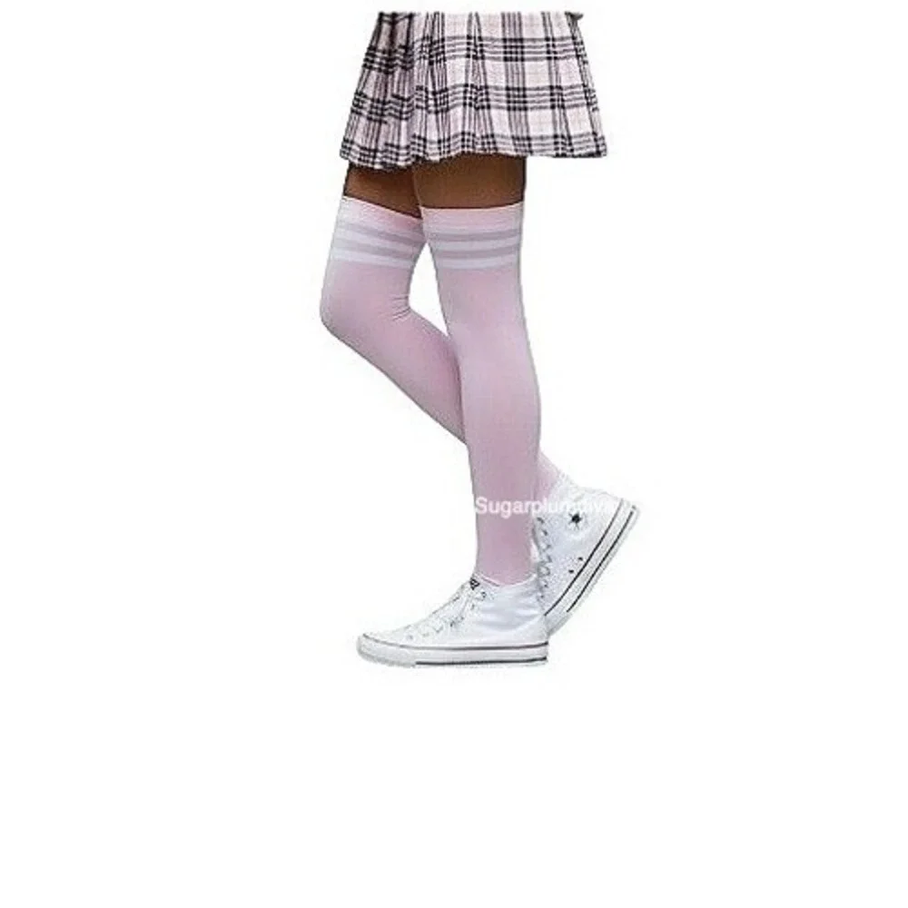 Pink with 3 White Stripes Over the Knee Tall Socks ONE SIZE School Girl NEW